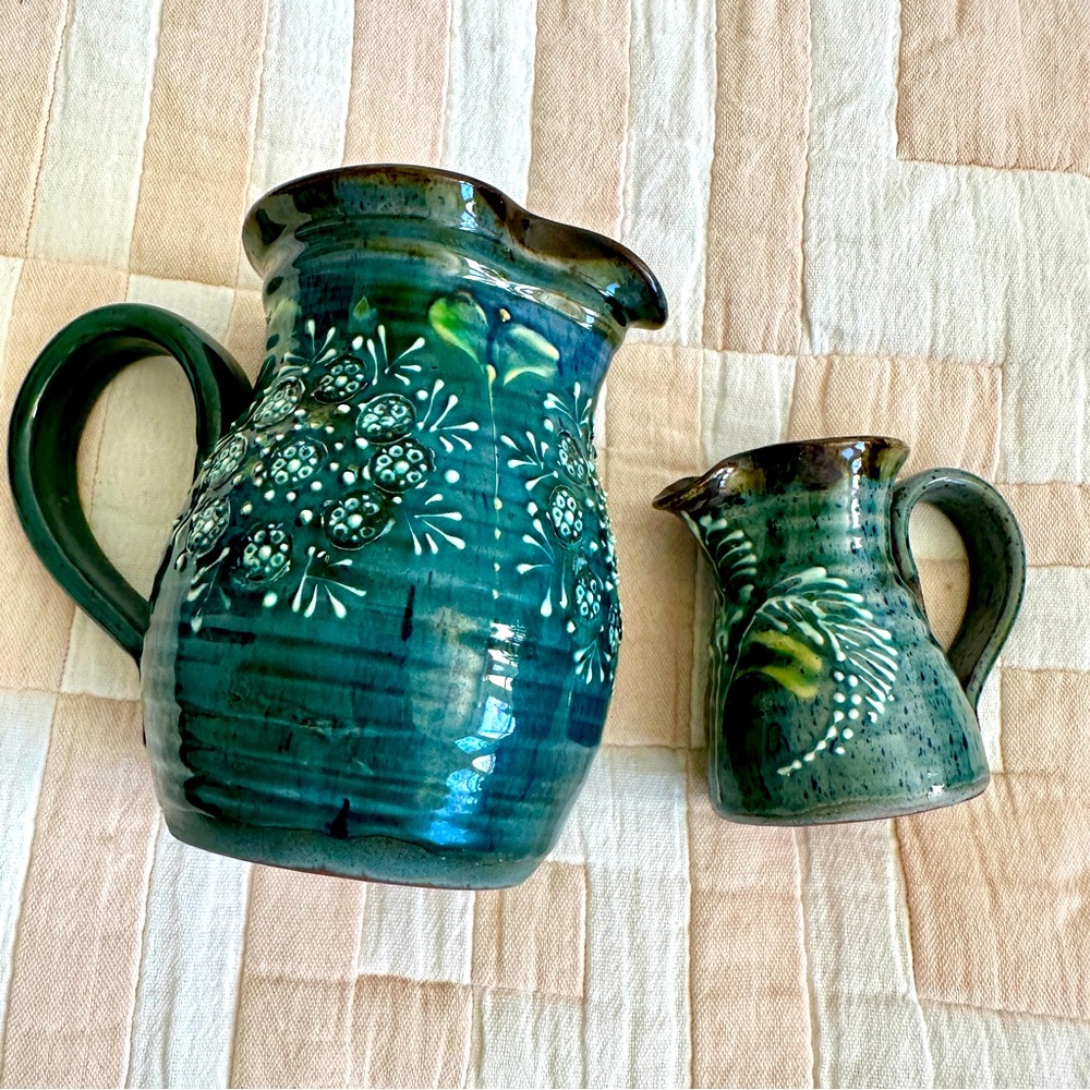 LEONARD STOCKLEY WEYMOUTH POTTERY, 2 Handmade‎ Floral Pitchers